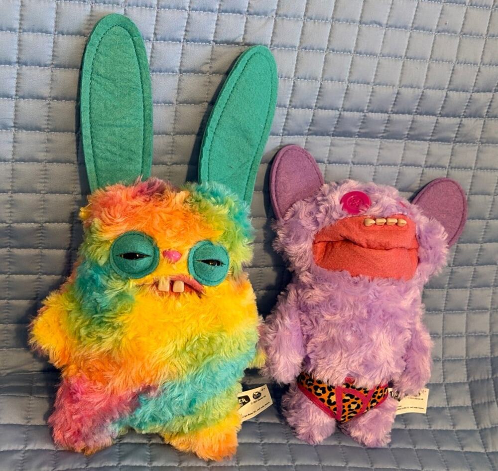 3 Fuggler Funny Ugly Monster stuffed toy plush. 2 Budgies and 1 Rabid Rabbit